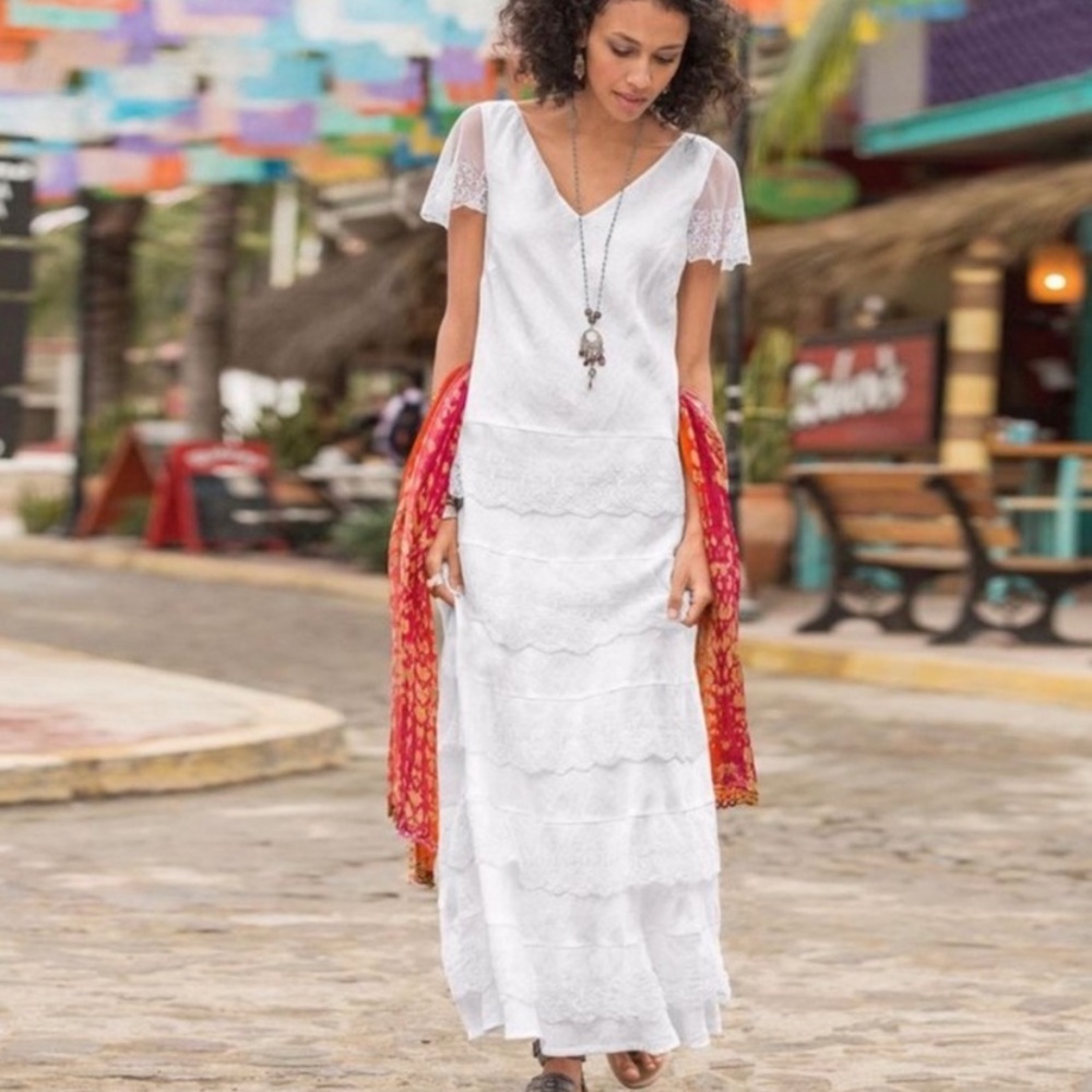 Sundance White Linen Layered Lace Maxi Dress